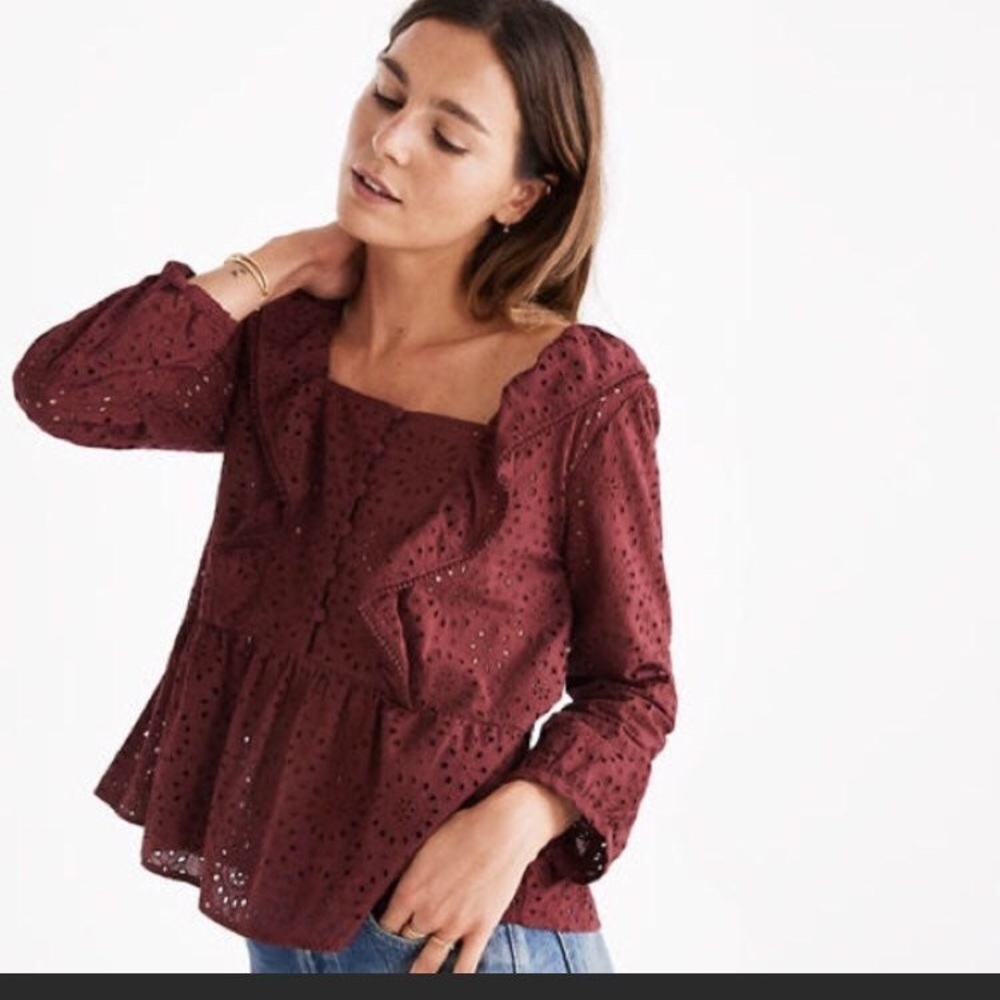 Madewell Eyelet Pompom Long Sleeve Top